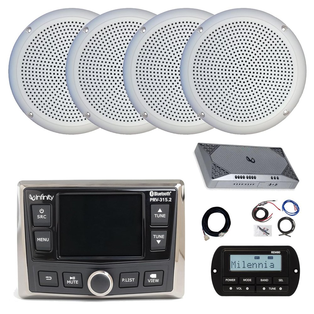 Infinity PRV-315.2 Marine Gauge Hole Mount USB Bluetooth AM/FM/WB Radio Receiver, Wired Remote, Extension, 4-Channel Amplifier w/Kit, 4x 5.25" 20 Watt Polycone Audio Speakers (White, Bulk Packaging)
