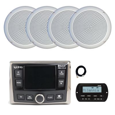 Infinity PRV-315.2 Marine Gauge Hole Mount USB Bluetooth AM/FM/WB Radio Receiver, Wired Remote, Extension Cable, 4x 5.25" 20 Watt Max Power Polycone Audio Speakers (White, Bulk Packaging)