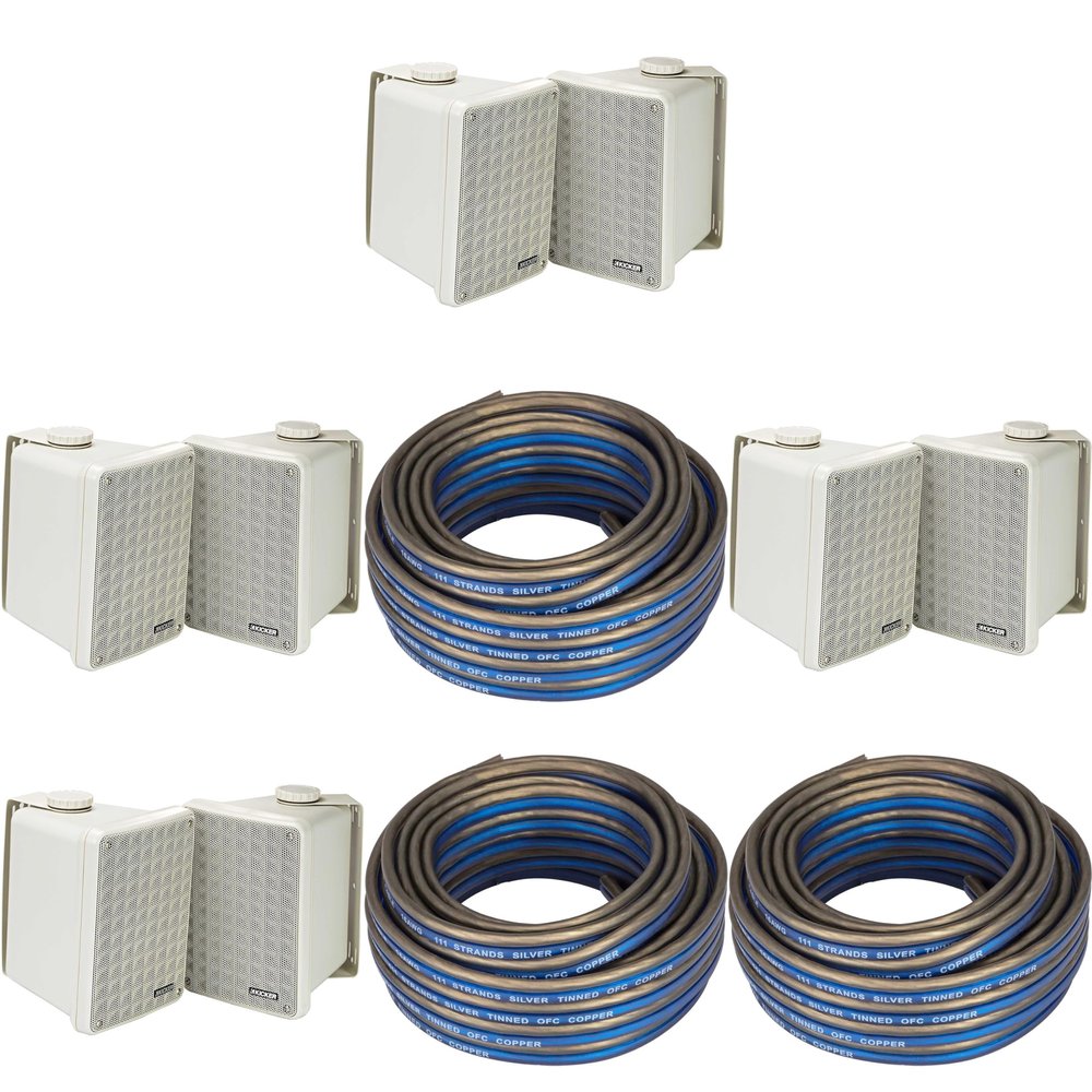 KICKER (4 Pair KB6B 2-Way Full Range Indoor Outdoor Speakers (Pair) Weatherproof Speakers for Patio Garage Poolside in-Home, Gray & 60ft Speaker Wire Bundle