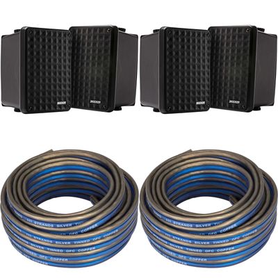 KICKER (2 Pair KB6B 2-Way Full Range Indoor Outdoor Speakers (Pair) Weatherproof Speakers for Patio Garage Poolside in-Home, Black & 40ft Speaker Wire Bundle