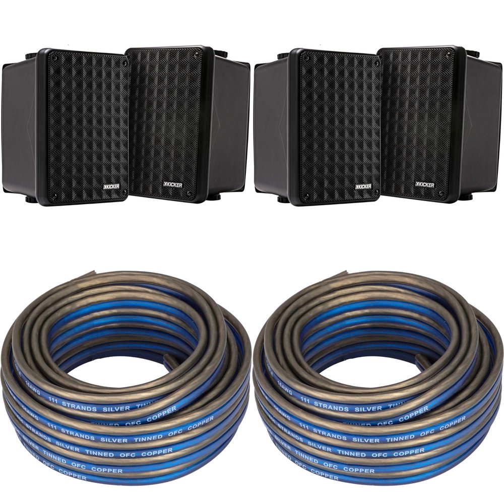 KICKER (2 Pair KB6B 2-Way Full Range Indoor Outdoor Speakers (Pair) Weatherproof Speakers for Patio Garage Poolside in-Home, Black & 40ft Speaker Wire Bundle