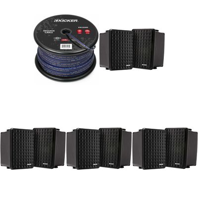 KICKER (4 Pair KB6B 2-Way Full Range Indoor Outdoor Speakers (Pair) Weatherproof Speakers for Patio Garage Poolside in-Home, Black & 400ft Speaker Wire Bundle