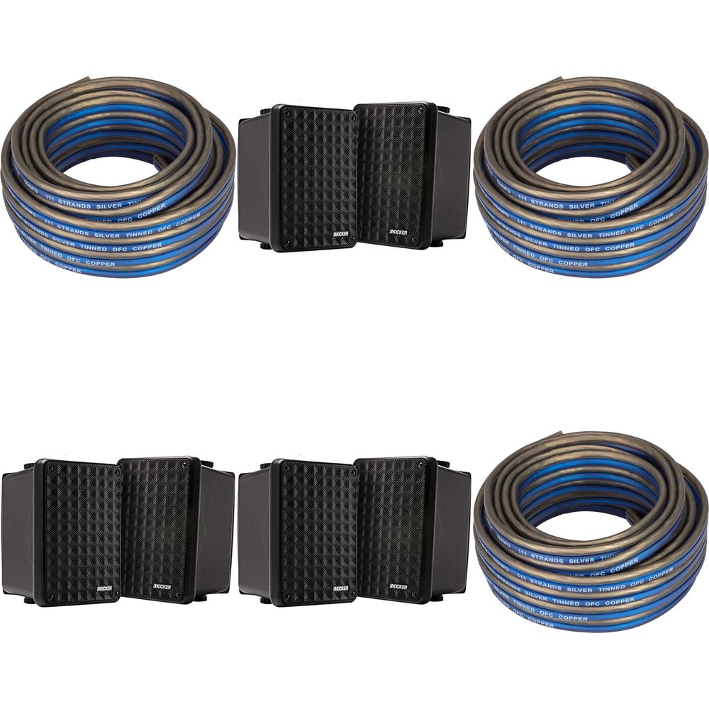KICKER (3 Pair KB6B 2-Way Full Range Indoor Outdoor Speakers (Pair) Weatherproof Speakers for Patio Garage Poolside in-Home, Black & 60ft Speaker Wire Bundle
