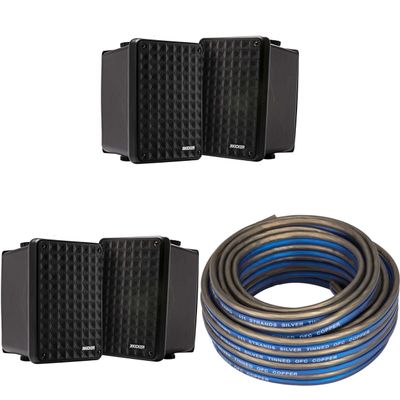 KICKER (2 Pair KB6B 2-Way Full Range Indoor Outdoor Speakers (Pair) Weatherproof Speakers for Patio Garage Poolside in-Home, Black & 20ft Speaker Wire Bundle