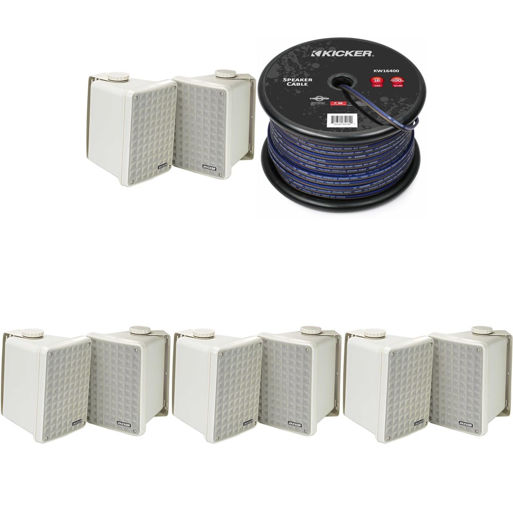 KICKER (4 Pair KB6B 2-Way Full Range Indoor Outdoor Speakers (Pair) Weatherproof Speakers for Patio Garage Poolside in-Home, Gray & 400ft Speaker Wire Bundle