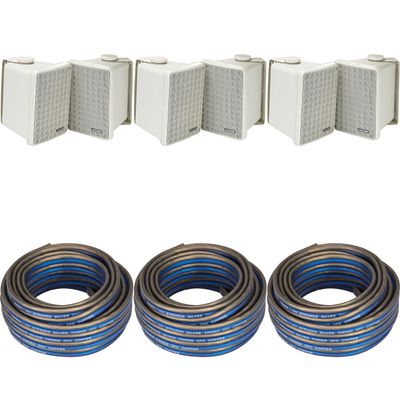KICKER (3 Pair KB6B 2-Way Full Range Indoor Outdoor Speakers (Pair) Weatherproof Speakers for Patio Garage Poolside in-Home, Gray & 60ft Speaker Wire Bundle