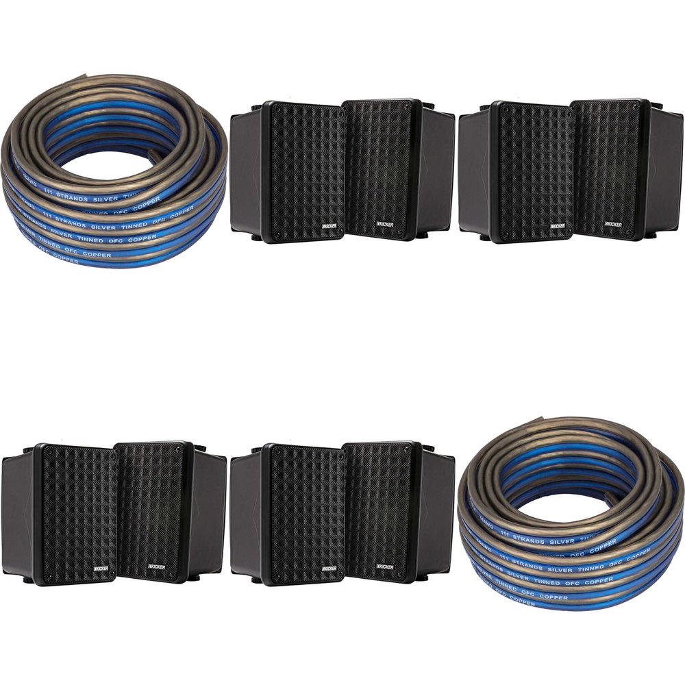 KICKER (4 Pair KB6B 2-Way Full Range Indoor Outdoor Speakers (Pair) Weatherproof Speakers for Patio Garage Poolside in-Home, Black & 40ft Speaker Wire Bundle