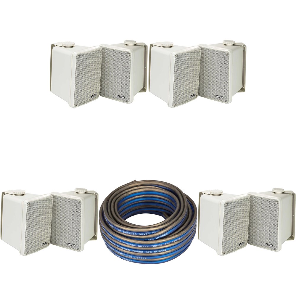 KICKER (4 Pair KB6B 2-Way Full Range Indoor Outdoor Speakers (Pair) Weatherproof Speakers for Patio Garage Poolside in-Home, Gray & 20ft Speaker Wire Bundle