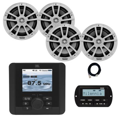 JBL JAM5000N Marine Gauge Hole Mount Bluetooth AM/FM/WeatherBand Radio Receiver, Wired Remote, Extension Cable, 4x 6.5" 225 Watt Max 2-Way High-Performance Boat Audio Speakers (White)