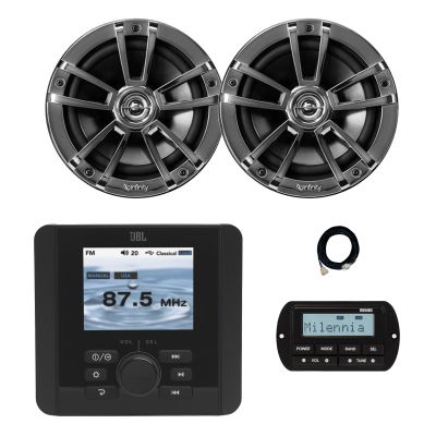 JBL JAM5000N Marine Gauge Hole Mount USB Bluetooth AM/FM/WeatherBand Radio Receiver with Wired Remote, Extension Cable, 2x 6.5" 225 Watt Max Power Boat Audio Speakers (Chrome. Bulk Packaging)