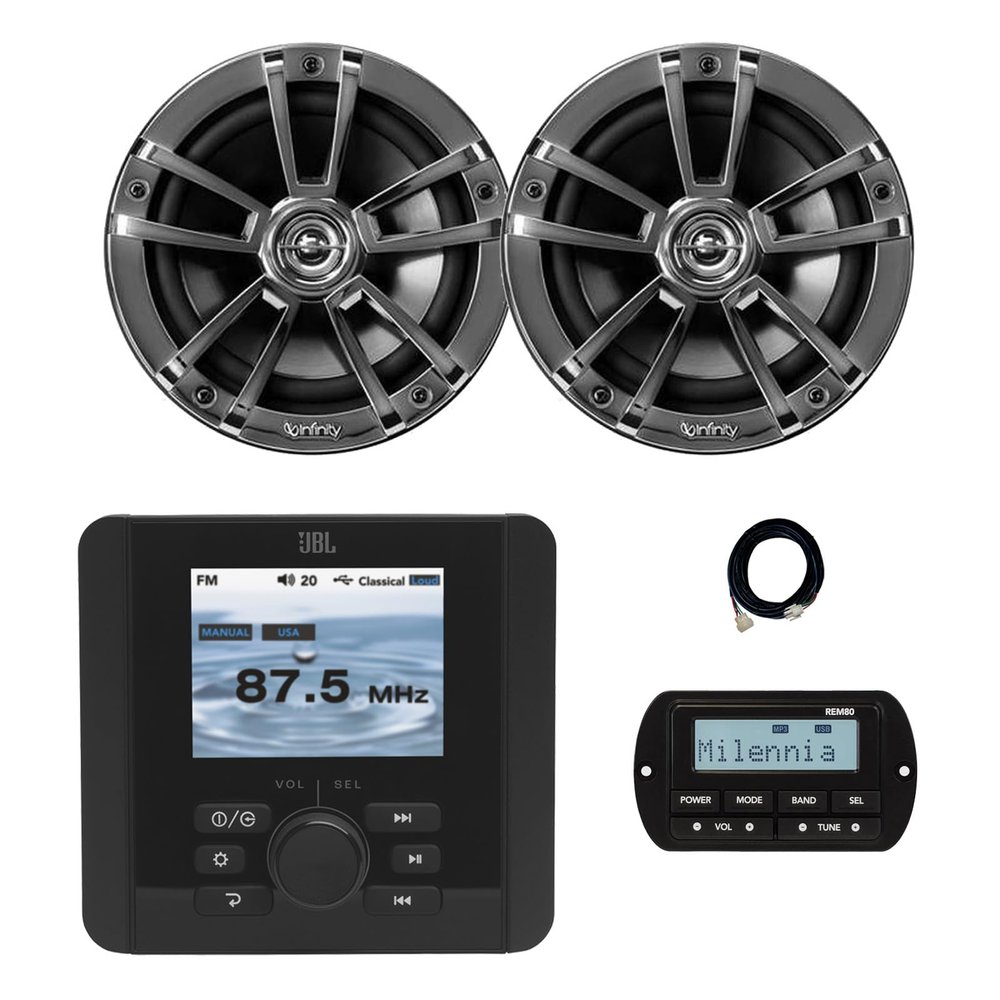 JBL JAM5000N Marine Gauge Hole Mount USB Bluetooth AM/FM/WeatherBand Radio Receiver with Wired Remote, Extension Cable, 2x 6.5" 225 Watt Max Power Boat Audio Speakers (Chrome. Bulk Packaging)