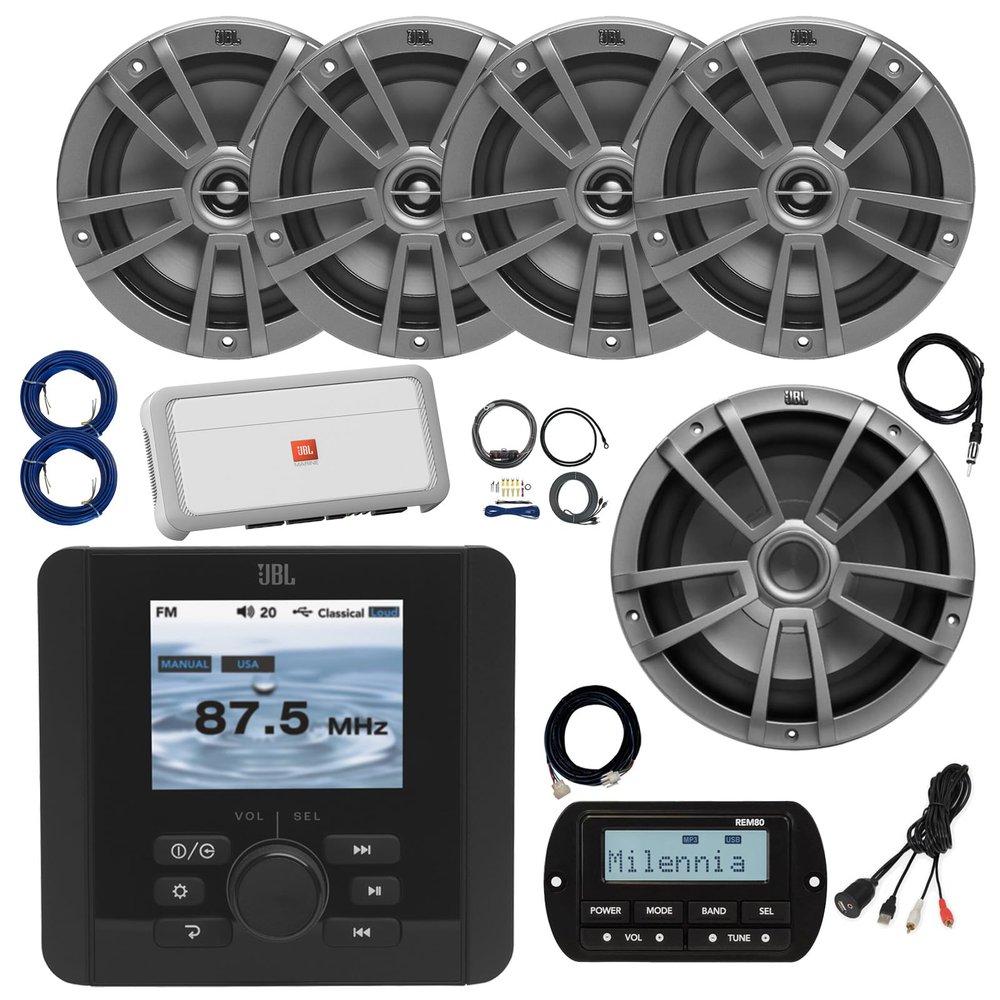 JBL JAM5000N Marine Gauge Hole Mount USB Bluetooth AM/FM/WB Receiver, Wired Remote, Extension, 4-Channel Amplifier w/Kit, 10" Subwoofer, Antenna, Wire, USB Adapter, 4x 6.5" 180W Boat Speakers (Gray)