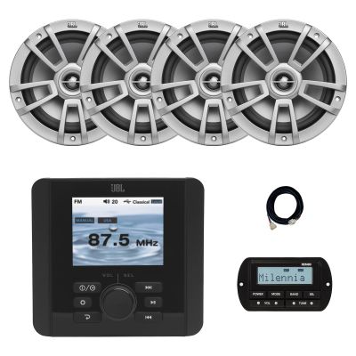 JBL JAM5000N Marine Gauge Hole Mount USB Bluetooth AM/FM/WeatherBand Radio Receiver with Wired Remote, Extension Cable, 4x 8" 375 Watt Max 2-Way High-Performance Boat Audio Speakers (Gray)