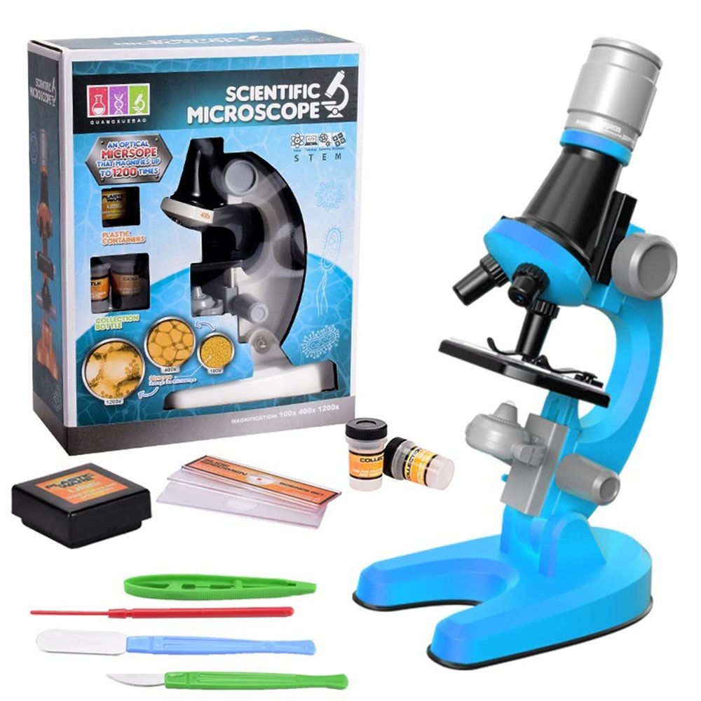 JOEBO Microscope Kit Children Biological Microscope Kit 100X-400X-1200X Microscope Lens Adapters(Blue B)