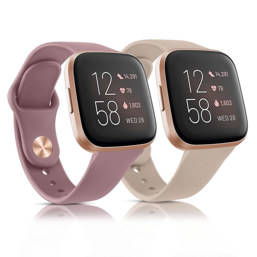 2 Pack Waterproof Bands for Fitbit Versa 2 Bands for Women Men, Soft Breathable Silicone Sport Replacement Wristbands (Milk Tea/Smoke)