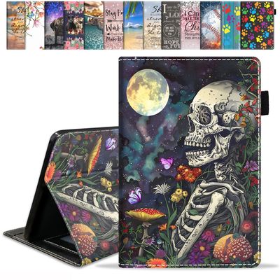 FVAENDHIO Case for Amazon Kindle Fire 7 Tablet (9th/7th Generation, 2019/2017 Release, 7" Display) with Card Slot & Auto Sleep/Wake - Slim Folding Stand Folio Cover, Skull Flowers Under Moon