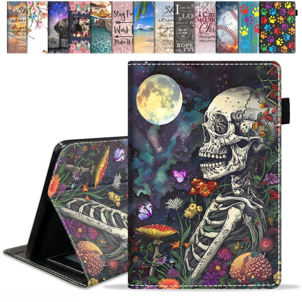 FVAENDHIO Case for Amazon Kindle Fire 7 Tablet (9th/7th Generation, 2019/2017 Release, 7" Display) with Card Slot & Auto Sleep/Wake - Slim Folding Stand Folio Cover, Skull Flowers Under Moon
