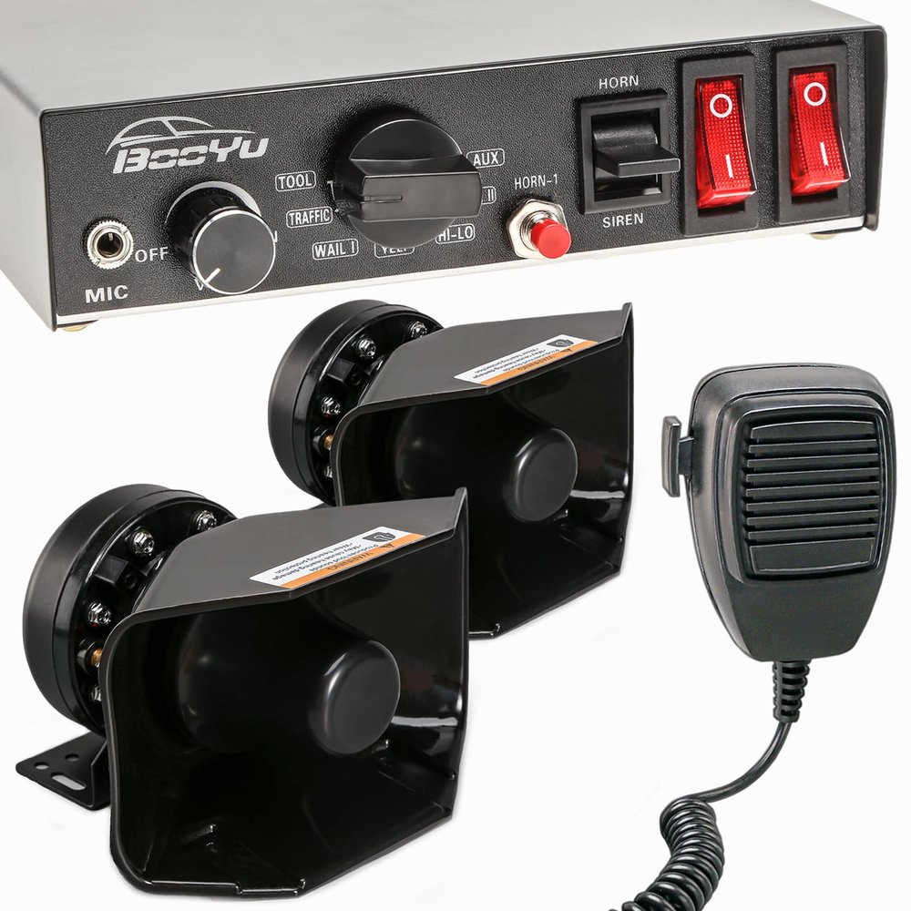 BooYu 9 Tone 12V 400W Warning Emergency Police Siren PA System for Firefighter Ambulance Vehicles Truck Car SUV [180 Loud Speaker][Handheld Microphone][125-135dB][2 x 10A Switches]