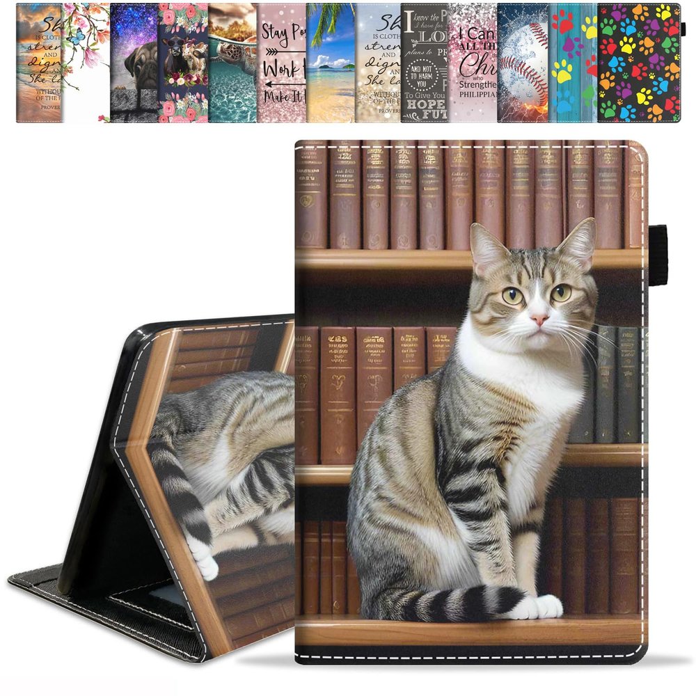 FVAENDHIO Case for Amazon Kindle Fire 7 Tablet (12th Generation, 2022 Release, 7" Display) with Card Slot & Auto Sleep/Wake, Slim Folding Stand Folio Cover, Cat On Bookshelf