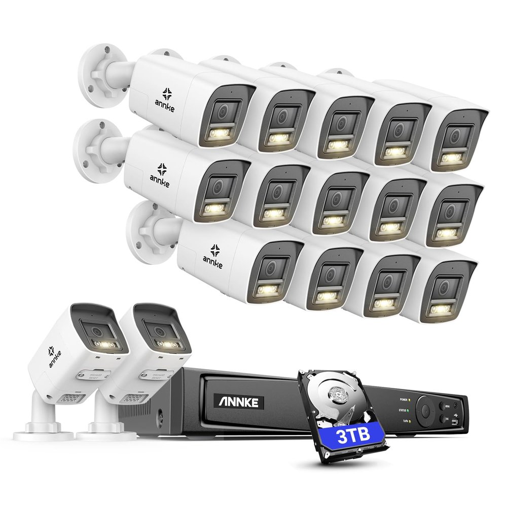 ANNKE 5MP Security Camera System, 16CH 12MP NVR Recorder with AI Motion Detection, 16X 3K/5MP IP PoE Bullet Cameras with Color Night Vision, Two-Way Audio, Compatible with Alexa, 2.8mm Lens, 3TB HDD