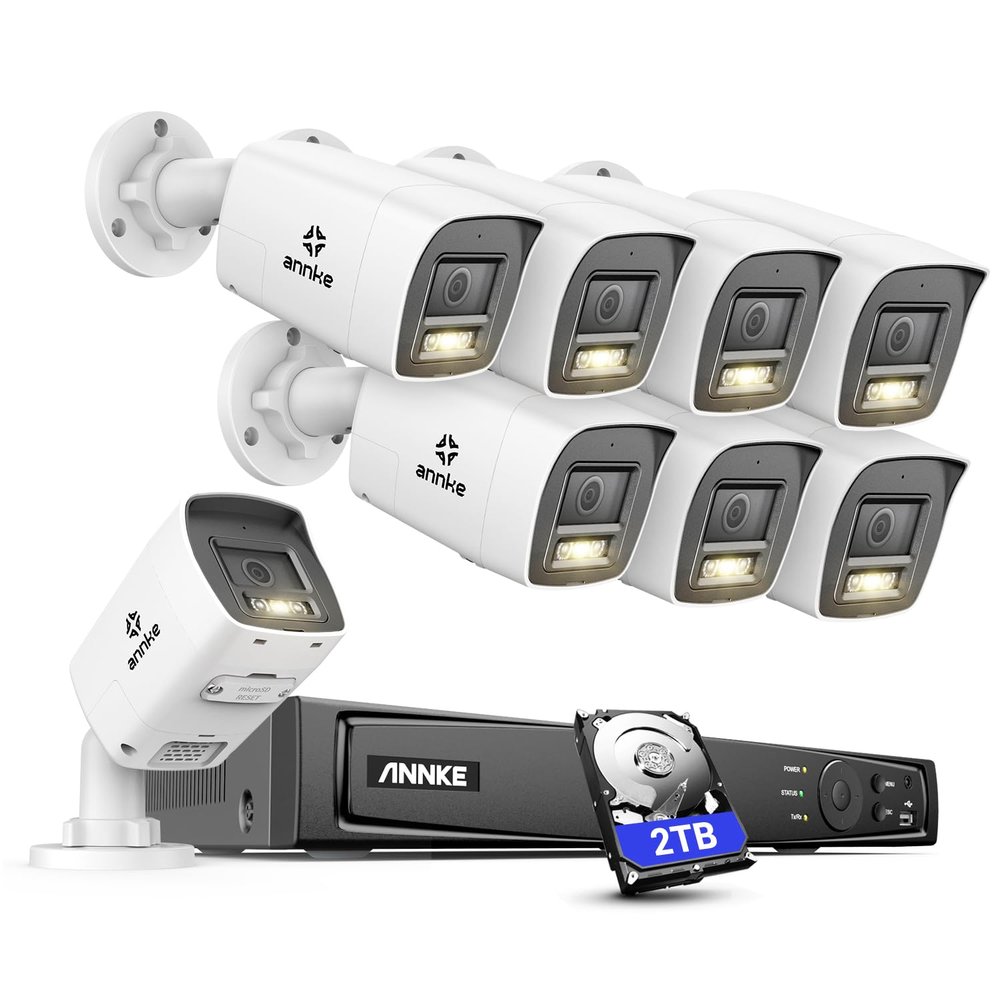 ANNKE 5MP Security Camera System, 16CH 12MP NVR Recorder with AI Motion Detection, 8X 3K/5MP IP PoE Bullet Cameras with Color Night Vision, Two-Way Audio, Compatible with Alexa, 2.8mm Lens, 2TB HDD