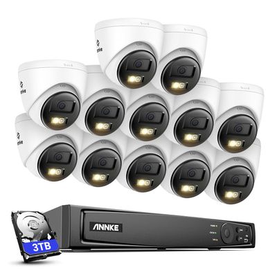 ANNKE 5MP Security Camera System, 16CH 12MP NVR Recorder with AI Motion Detection, 12X 3K/5MP IP PoE Turret Cameras with Color Night Vision, Two-Way Audio, Compatible with Alexa, 2.8mm Lens, 3TB HDD