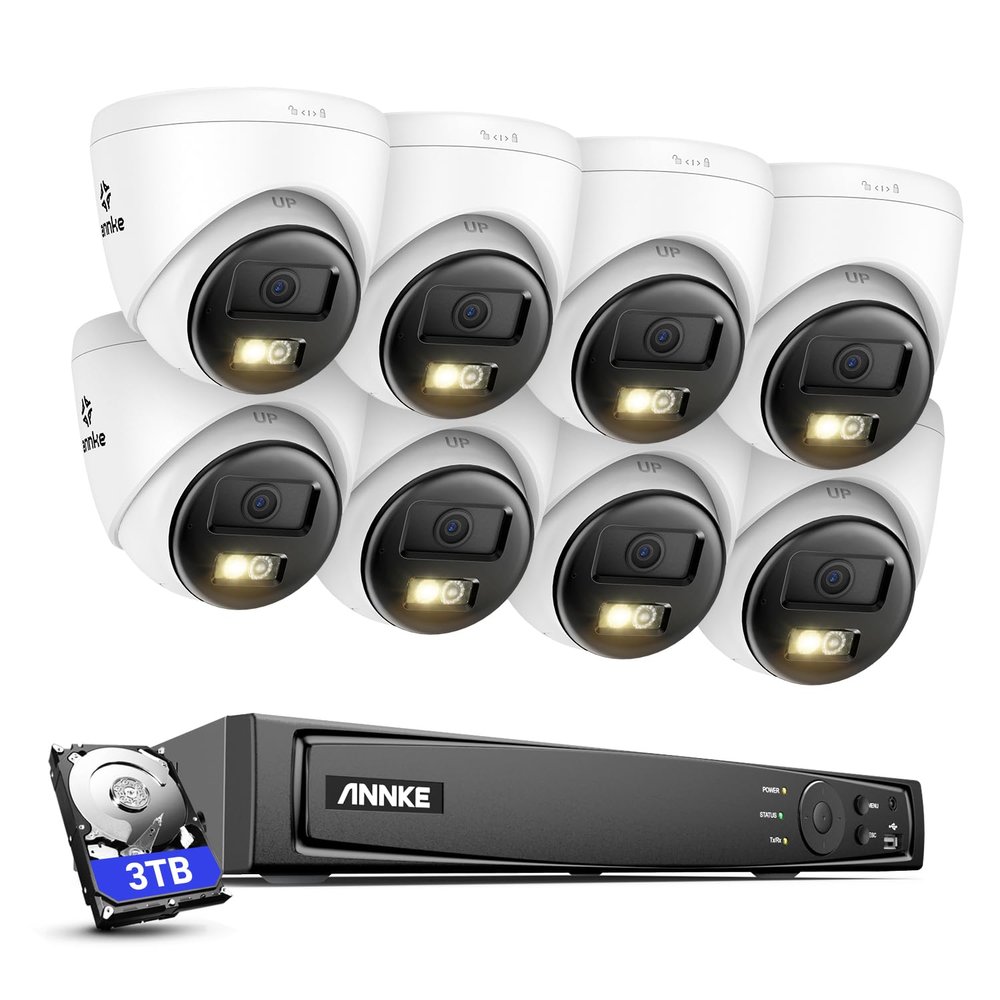 ANNKE 5MP Security Camera System, 16CH 12MP NVR Recorder with AI Motion Detection, 8X 3K/5MP IP PoE Turret Cameras with Color Night Vision, Two-Way Audio, Compatible with Alexa, 2.8mm Lens, 3TB HDD