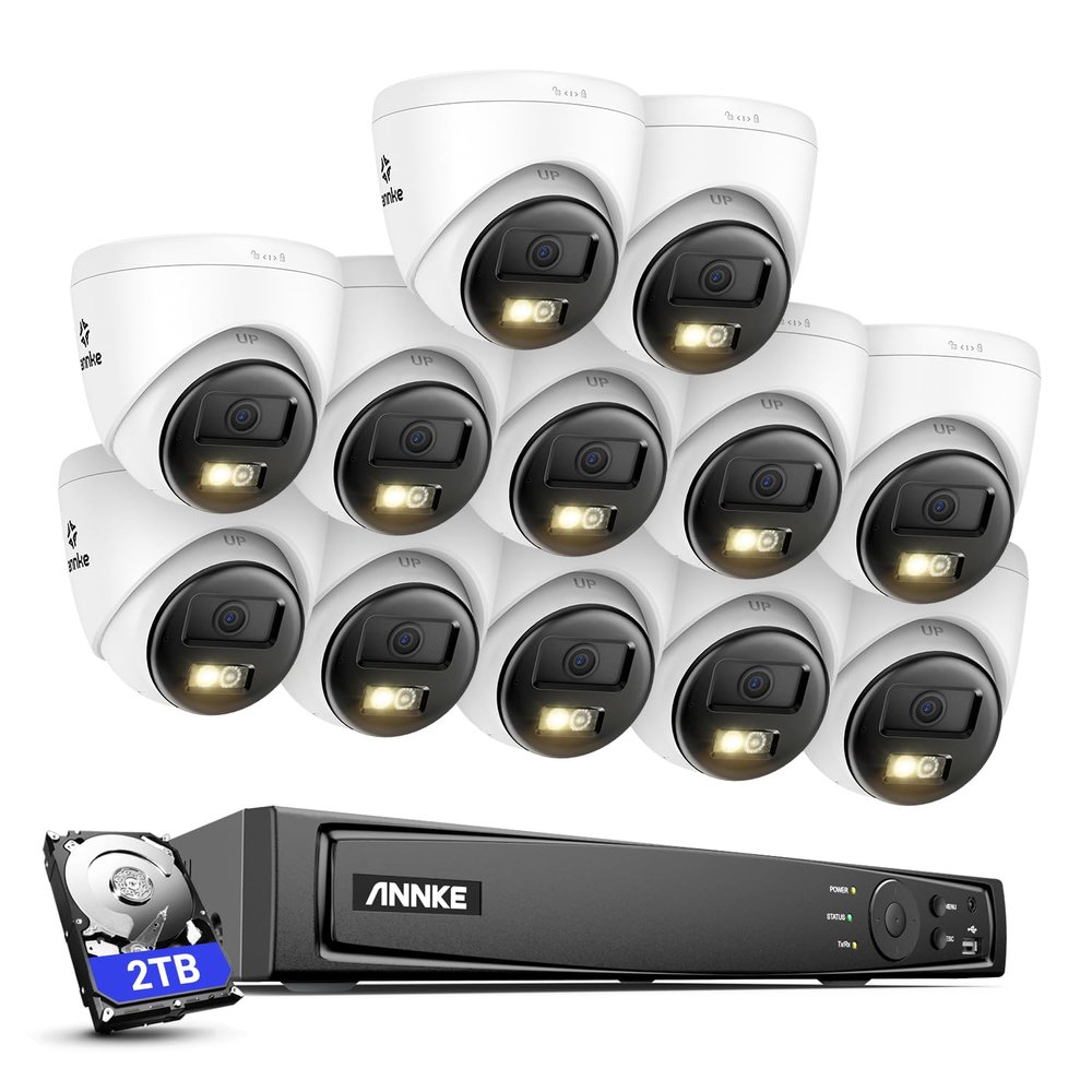ANNKE 5MP Security Camera System, 16CH 12MP NVR Recorder with AI Motion Detection, 12X 3K/5MP IP PoE Turret Cameras with Color Night Vision, Two-Way Audio, Compatible with Alexa, 2.8mm Lens, 2TB HDD