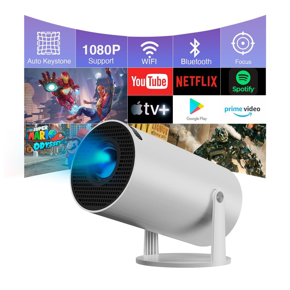 4K Mini Projector for Iphone Android ,Mini Projector with WiFi6 and Bluetooth 5.0 130-Inch Support 160 ANSI Auto Keystone Outdoor Home Projector