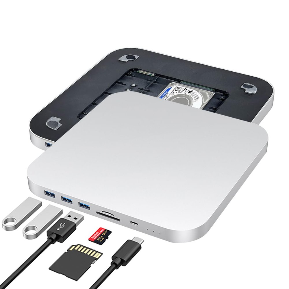 Mac Mini Hub and Stand for NVME/NGFF M2.SSD and 2.5" SATA HDD, Mac Mini Dock with USB-C 10Gbps, USB-A 5/10Gbps, for Mac Mini M2/M1, Mac Studio - Silver