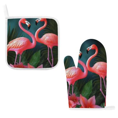 Oven Glove Flamingo Flowers_75091506 Oven Mitts and Pot Holders Sets of 2 Heat Resistant Gloves BBQ Glove Non-Slip Cooking Gloves for Baking Grilling Kitchen Potholders Gloves