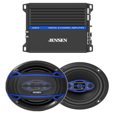 Jensen JA2CH Class-D 2 Channel Amplifier & JS6504 4-Way 6.5 inch Car Door Audio Speakers Pair