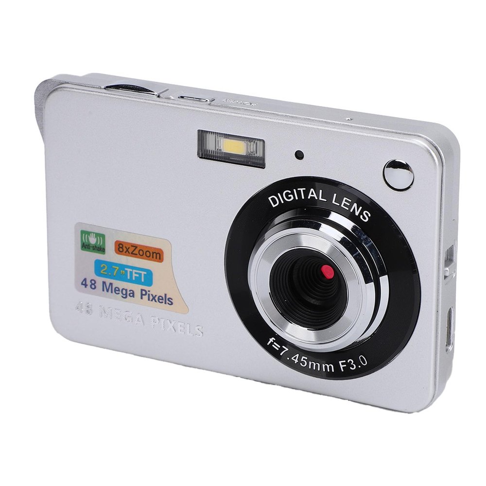 Digital Camera 48MP 4K 8X Zoom 20 Filters 2.7 Inch Screen Anti Shaking Rechargeable Compact Camera for Kids Students Vlogging (Silver)