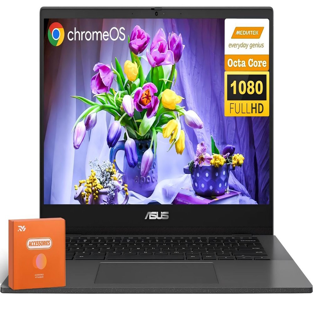 ASUS Chromebook CM1402 Laptop for Students Business, 14" FHD, MediaTek Kompanio 520, 4 GB RAM, 320 GB (64GB eMMC+256GB MSD), WiFi 6,Long-Lasting Battery, Chrome OS, Nonslip Mouse+32GB USB Flash Drive