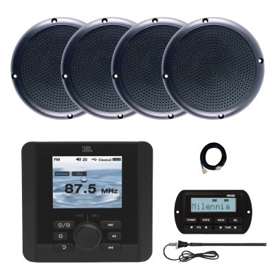 JBL JAM5000N Marine Gauge Hole Mount USB Bluetooth AM/FM/WB Radio Receiver with Wired Remote, Extension Cable, 4x 5.25" 20 Watt Max Polycone Audio Speakers, Long Range Antenna (Black, Bulk Packaging)