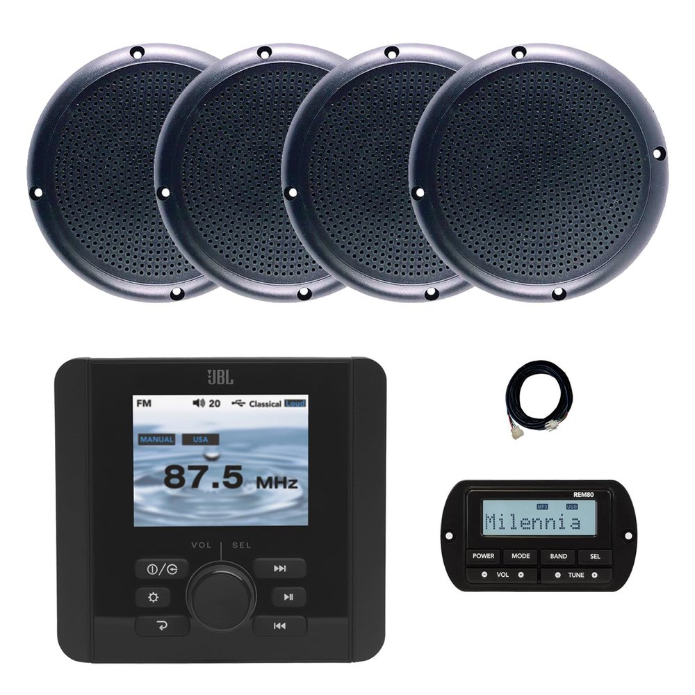 JBL JAM5000N Marine Gauge Hole Mount USB Bluetooth AM/FM/WeatherBand Radio Receiver with Wired Remote, Extension Cable, 4x 5.25" 20 Watt Max Power Polycone Audio Speakers (Bulk Packaging)