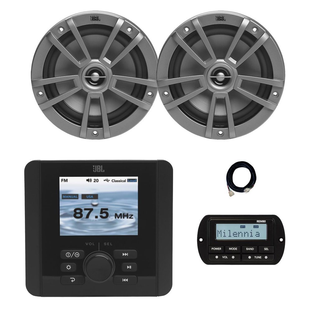 JBL JAM5000N Marine Gauge Hole Mount USB Bluetooth AM/FM/WeatherBand Radio Receiver with Wired Remote, Extension Cable, 2x 6.5" 180 Watt Peak Power 2-Way Multi-Element Audio Speakers (Gray)