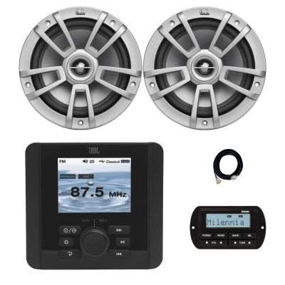 JBL JAM5000N Marine Gauge Hole Mount USB Bluetooth AM/FM/WeatherBand Radio Receiver with Wired Remote, Extension Cable, 2x 8" 375 Watt Max 2-Way High-Performance Boat Audio Speakers (Gray)