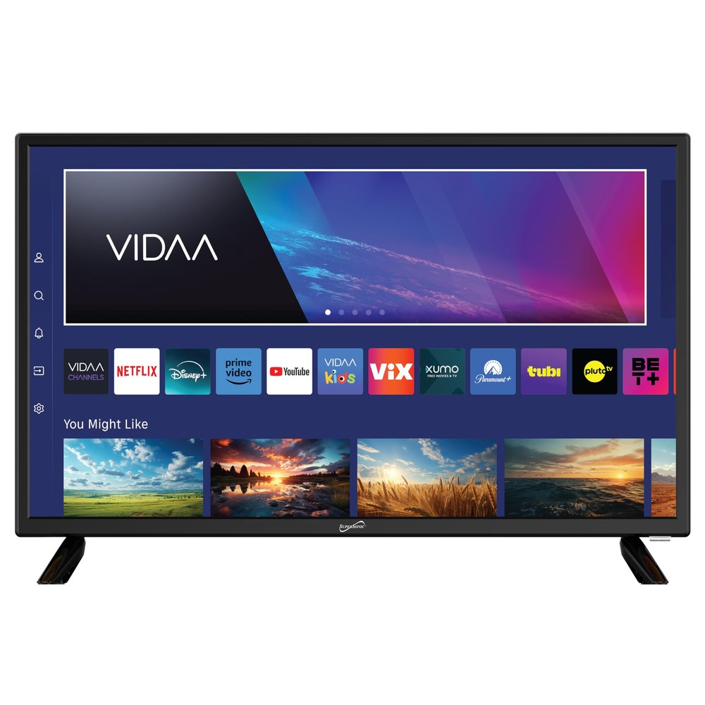 Supersonic SC-2420VTV 24-inch Smart AC/DC LED TV, Powered by VIDAA, 1080p, WiFi, Built-in Speakers, USB, 3X HDMI ARC, for Kitchen, RV, Boat, Truck, Playroom, Dorm Room, Remote, DC Car Cord Included