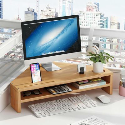 BAOTEDSL Monitor Stand 2 Tiers Corner Monitor Stand Riser with Storage, Laptop Computer Desk Organizer Stand, Save Space Desktop Triangle Shelf,Natural