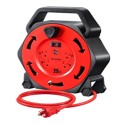 DEWENWILS Cord Reel with 4 Power Outlets, 2-USB Ports(3.4A Fast Charge), 25FT Retractable Extension Cord Reel, Heavy Duty SJTW 16/3 Cable, 13A Circuit Breaker, Hand Wind, UL Listed