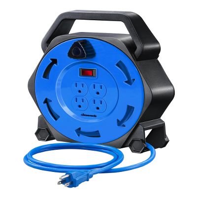 DEWENWILS Extension Cord Reel with 25 FT Power Cord, Hand Wind Retractable, 16/3 AWG SJTW, 4 Grounded Outlets, 13 Amp Circuit Breaker, Blue, Blue Cord, UL Listed