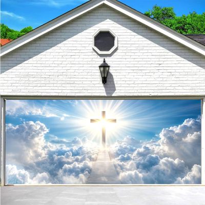16X7FT Christian Cross Garage Door Decoration Cover Holy Lights Blue Sky Clouds Stairway Heaven Garage Door Banner Backdrop Lord Pray Jesus Church Events Easter Decoration Background