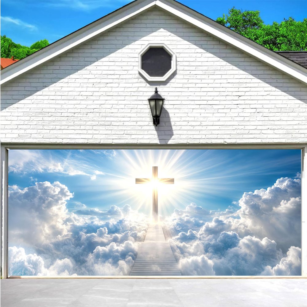 16X7FT Christian Cross Garage Door Decoration Cover Holy Lights Blue Sky Clouds Stairway Heaven Garage Door Banner Backdrop Lord Pray Jesus Church Events Easter Decoration Background