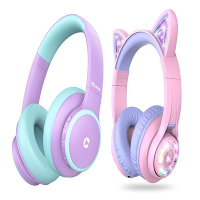 iClever BTH26 Active Noise Cancelling Headphones for Kids & BTH13 Meow Macaron Kids Bluetooth Headphones Bundles, Safe Volume, Kid Headphone for Travel iPad Tablet, Purple