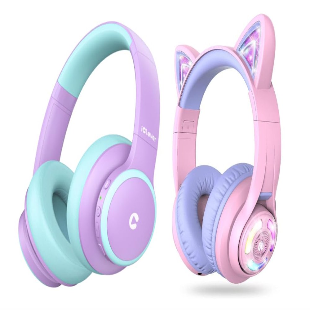 iClever BTH26 Active Noise Cancelling Headphones for Kids & BTH13 Meow Macaron Kids Bluetooth Headphones Bundles, Safe Volume, Kid Headphone for Travel iPad Tablet, Purple
