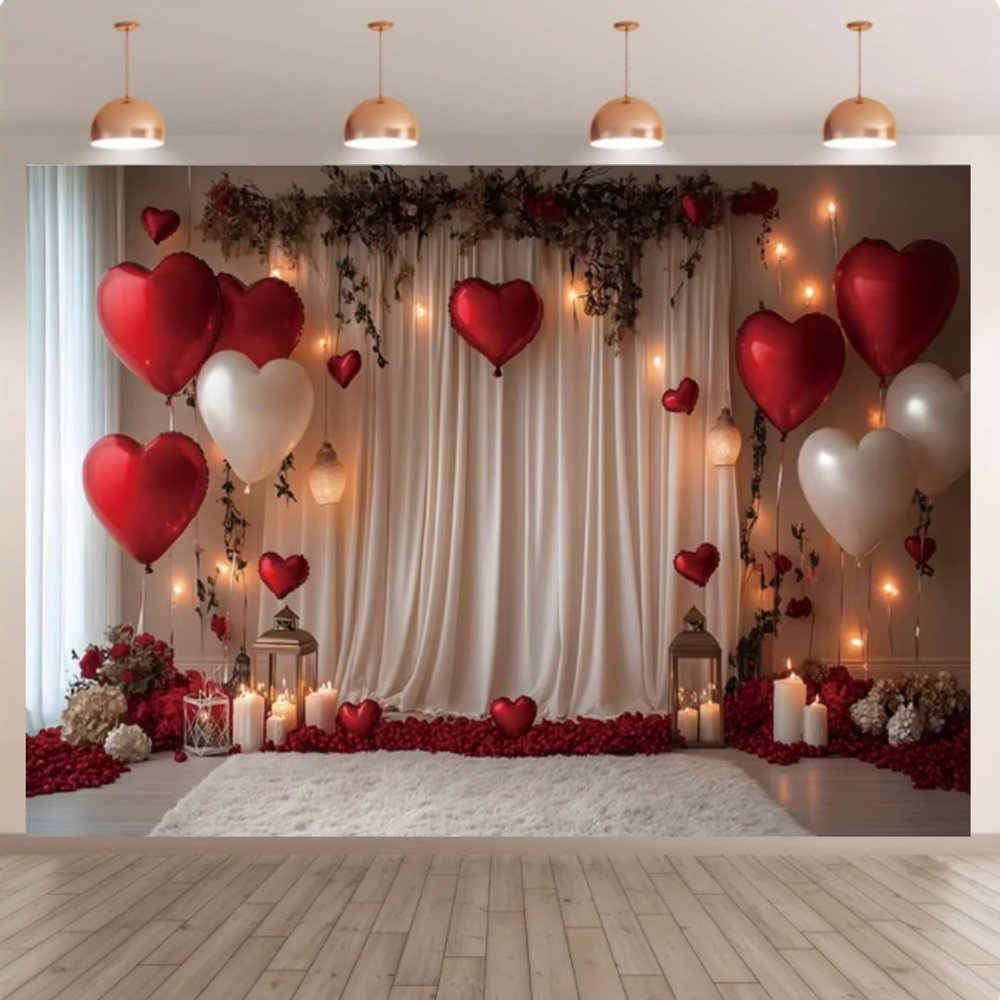 10x8 feet February 14 Valentine's Day Photography Backdrop Gold Glitter Indoor White Curtains Couple Portrait Background Valentine's Day Photo Background