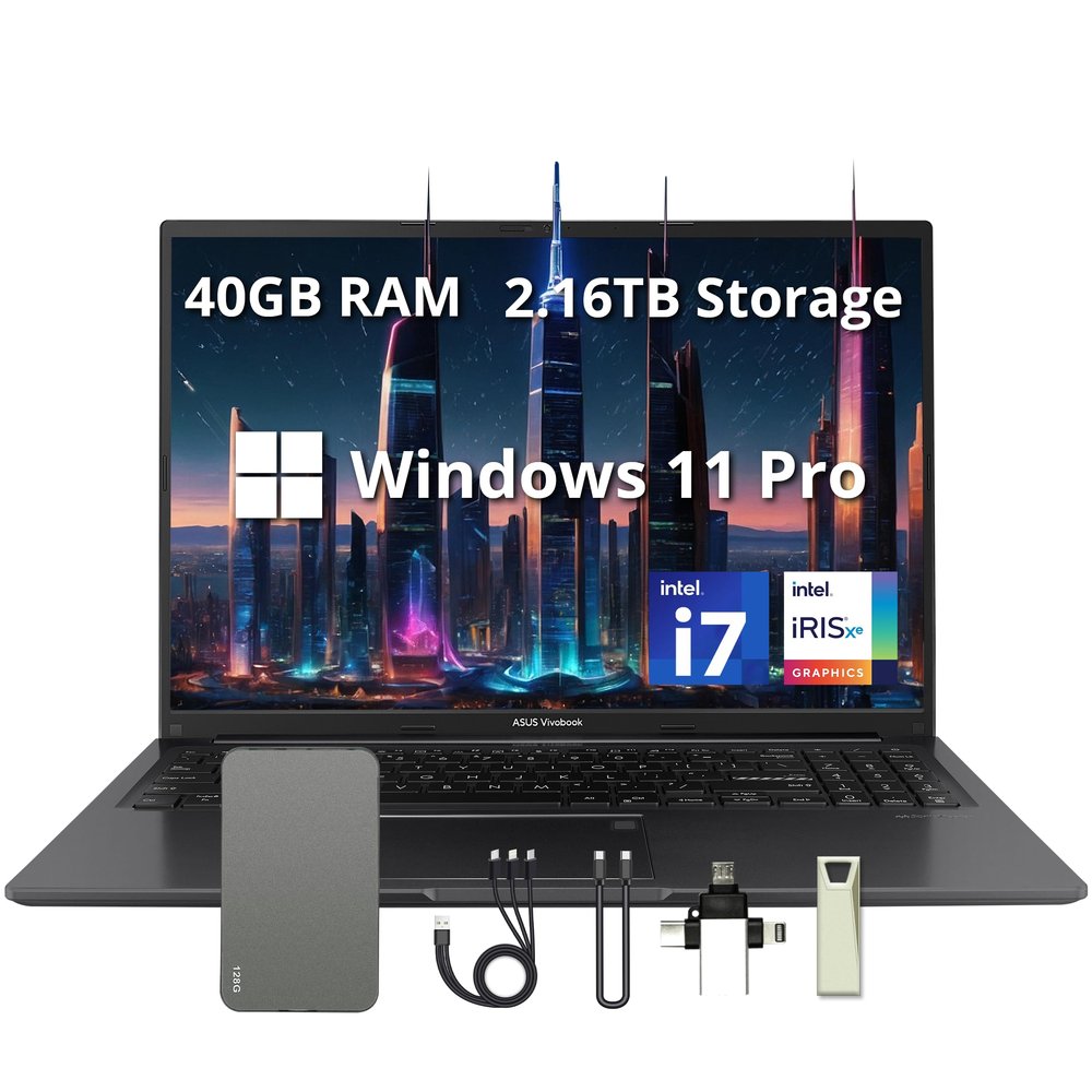 ASUS Vivobook 16" WUXGA Laptop, 40GB RAM, 2.16TB Storage(2TB SSD & 160GB Docking Station Set), Intel i7-1355U, Intel Iris Xe Graphics, Windows 11 Pro, 720p Webcam, WiFi 5, Number Pad, Black