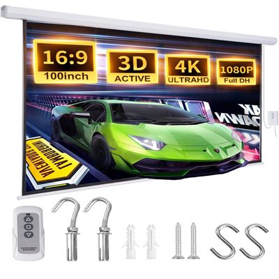 Electric Projector Screen 100 Inch with Remote Control Ceiling Mount Hooks, Pull Down Retractable Projector Screen Motorized Movie Screen White 16:9, Automatic Projector Screen Roll Down Indoor