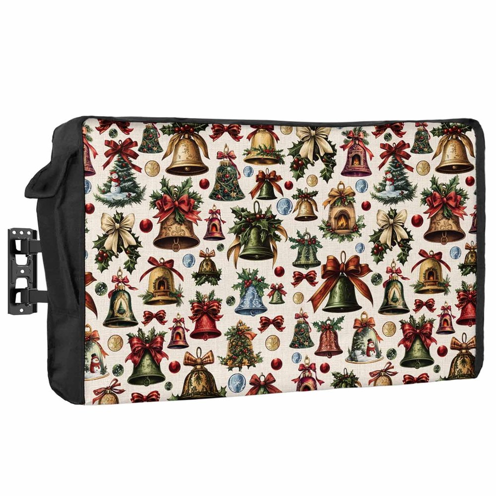 Christmas Bells Beige Outdoor TV Cover 30"-32" - 600D Waterproof TV Cover Weatherproof TV Screen Protector Dustproof Winter Xmas Bow Garland on Burlap TV Display Protector for Outside Flat Screen TV